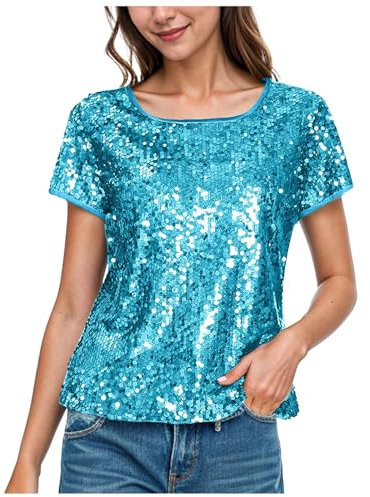 Damen Kurzarm Rundhals Glitzer Pailletten Tank Top Elegant Glänzendes Bluse Party Cocktail Oberteil Pailletten Oberteil Neckholder Bluse Elegant Rundhals Shirt Party Festlich Club Tops Pailletten