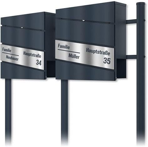 Graviers Design Moderner Briefkasten mit Standfuß Anthrazit RAL 7016 für 2er Familienhaus - Laserschnitt diagonal personalisiertes Edelstahl Gravur Schild - Postkasten mit Schloss Zeitungsfach