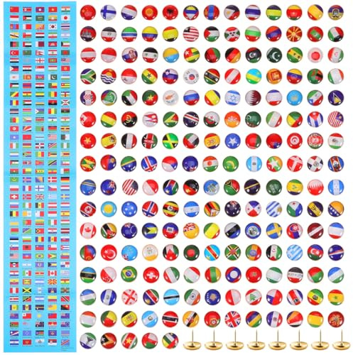 jojofuny Pinnnadeln mit Nationalflagge, kreative Kork-Marker mit einzigartigen Länderflaggen-Designs für Weltkarten-Dekoration, Reisekarten und Büro-Pinnwände, 200 Stück
