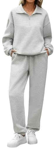 Yuson Girl Tracksuit Womens Full Set 2 Piece Outfits Lounge Wear Sets for Women UK Cotton Half Zip Leisure Suits Warm Fleece Co Ord Sets Two Piece Gym Activewear Autumn Winter(Light grey, L)