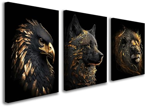 Galmcook 3er Set Wandbilder Wohnzimmer – Moderne Leinwandbilder mit Rahmen, goldene Tiermotive Löwe, Adler & Wolf, Kunstdruck Bilder auf Leinwand für Schlafzimmer, Flur oder Büro, Wanddeko mit Haken