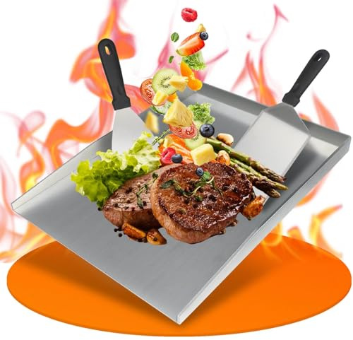 4mm Plancha Grillplatte, 30×40cm, Auslaufsicheres Design Plancha Grill. Mit 2 Kunststoff Grillschaufeln Ausgestattet. Plancha Grillplatten für Familienfeier, Perfekt Geeignet für Gasgrill, Teppanyaki