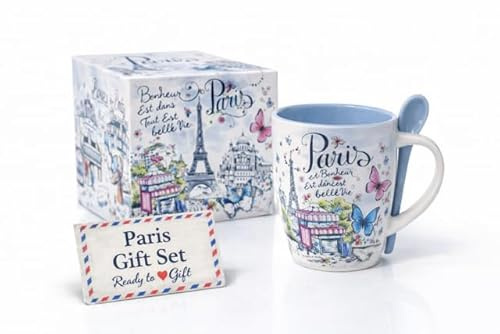 Mug Souvenir de Paris – 6 Designs Collection – Tasse en Céramique rose 320 ml avec Cuillère dans Coffret Prêt à Offrir – Cadeau Original pour Femme, Idée Cadeau Romantique pour Café, Thé, Chocolat