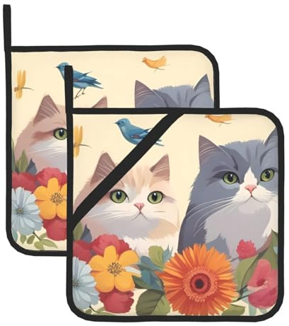 HYTTER Set di 2 presine isolate quadrate con stampa di gatti, uccelli e fiori, 20,3 x 20,3 cm, antiscottatura e termoisolanti, impermeabili