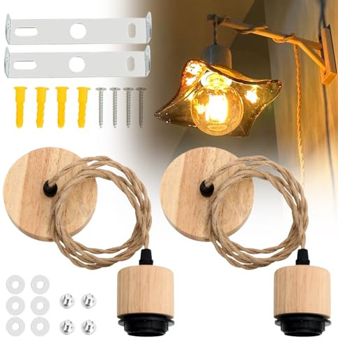 GOEDCH 2 Stück Hanfseil Hängelampe: 1.2m E27 Vintage Hängelampe, Holz Hanfseil Lampe Lampenfassung, Industrielle Pendelleuchte Kit, Hanfsel Lampe E27 Pendelleuchte Seil mit Kabel 120cm für Esszimmer