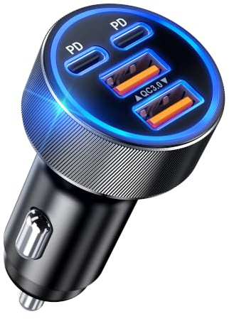 Anykon 90W Zigarettenanzünder USB C, 4-Port Schnellladen Car Charger, Dual 45W USB-C & USB-A 12V Adapter KFZ Auto Ladegerät für iPhone 17/16/15 Pro Max, Samsung Galaxy, iPad