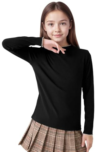 Hoseay Girls Thermal Top Kids Long Sleeve Warm Base Layer Shirt 7-13 Years | Slim Fit, Half Turtleneck, Scalloped, Undershirt, Soft Stretchy Pullover, Tee Shirts, Casual School, Spring Autumn