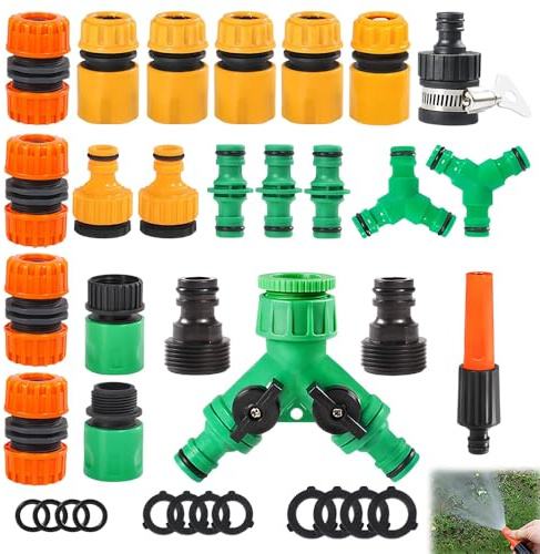 36PCS Garden Hose Pipe Connector Kit, Tap Connector Hose Pipe Fittings Kit, Hoses Nozzle, Hose Repair Connector, Y Splitter, Quick Connect, 2 Way Tap Fittings, Multi Faucet Connectors