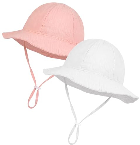 ViEinkaufen 2 Pcs Baby Cotton Bucket Sun Hat for 0-12 Months | Soft Breathable Cotton, Sun Protection, Head Circumference 43-49cm, for Beach Outdoor Summer Use, Blue White Pink
