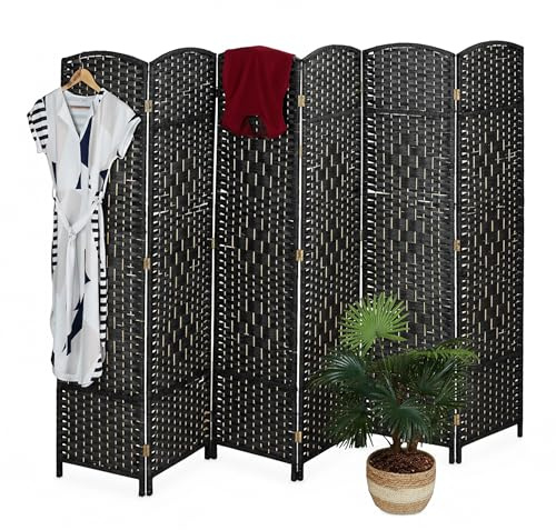 Relaxdays Paravent rumsavdelare, HxB: 170 x 240 cm, vikbar rymdavdelare, 6-delat insynsskydd, trä, pappersrep, svart