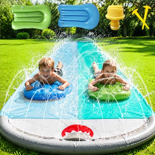 Mineup Water Slide Mat, 15.7ft/480cm Slip and Slide Water Slide with 2 Bodyboards, Double Lane Inflatable Water Slides with Sprinkler, Shark Style for Kids and Adults Summer Garden Water Outdoor Toys