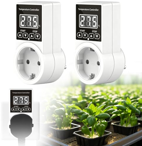 2 Stück Thermostat Steckdose, Temperaturregler, Heizungsthermostat Digital mit Fühler, Wasserdicht Temperaturschalter, Smart Thermostat Heizung für Glasbehälter Gewächshaus Gewächshaus Samenkeimung