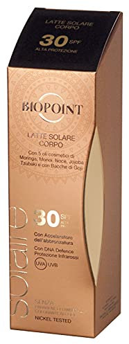 Biopoint Latte Corpo Solare SPF30 200 ml - Resistente all'Acqua, ad Assorbimento Rapido, Non Unge, Senza Oli Minerali, Coloranti, Alcool e Nikel Tested