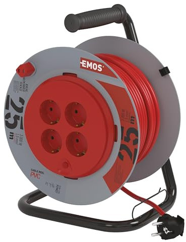 EMOS - Kabeltrommel 25m mit fester Mitte - 4 Schuko-Steckdosen - 230 V, 13 A, 3000 W - hochwertige PVC-Isolierung - H05VV-F3G 1,5 mm2 - Überhitzungsschutz, Spulenbremse - IP20 für Innen