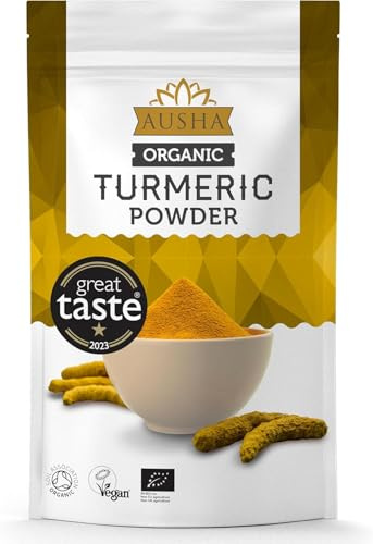 Ausha Organic Turmeric Powder 200g - UK Certified Organic by Soil Association - 1* Great Taste Award 2023- Use in Cooking, Turmeric Shot, Smoothies, Juices - High Curcumin - Tumeric Latte
