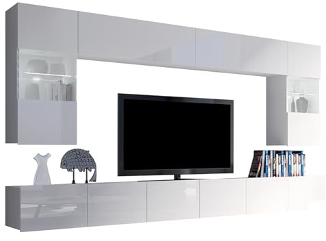 Mirjan24 Moderne Wohnwand Calabrini I, Anbauwand, Mediawand, Hängevitrine, TV Lowboard, Wandregal, Wohnzimmerschrank, Fernsehschrank (mit weißer LED Beleuchtung, Weiß/Weiß Hochglanz)