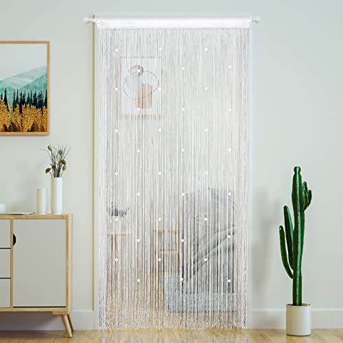 Cortinas con cuentas para puerta, borlas, cuentas colgantes, franjas, hippie, divisor, ventana, pasillo, entrada, armario, dormitorio, decoración de privacidad (39 x 79 pulgadas/100 x 200 cm, blanco)
