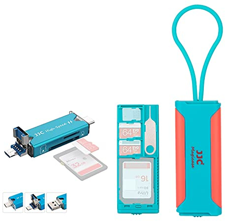 JJC Speicherkarten-Hülle mit USB 3.0 Multifunktions-Kartenleser, schlank, tragbar, Reisehalter, Aufbewahrung für 1 SD + 2 TF + 1 Nano-SIM-Karte (Blau & Pink)