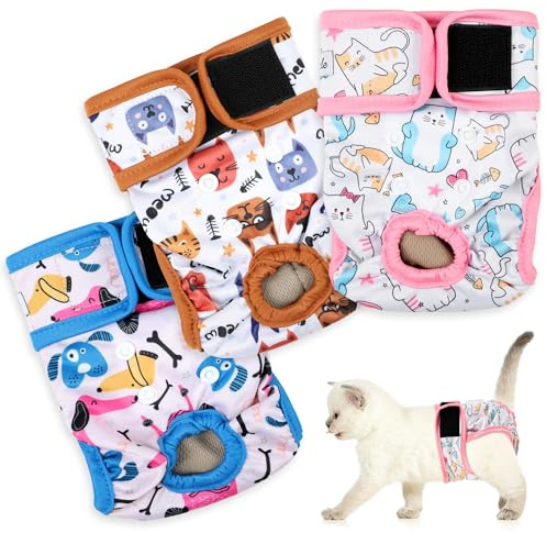 Wiederverwendbare Windeln, 3er-Pack, Gute Saugfähigkeit, sichere Passform für weibliche und männliche Katzen, einfach anzuziehen, Bezauberndes Design