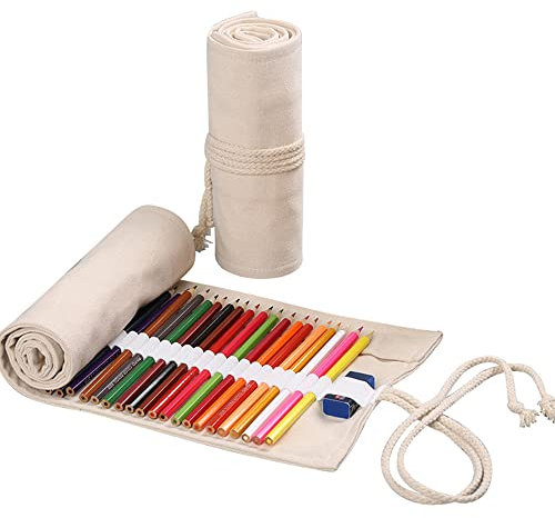 Duories 24 Löcher Handgefertigter Canvas-Bleistiftwickel,Unisex Federmäppchen Pencil Case Bleistift Wrap Kasten Bleistifthalter Schreibwarenbeutel Bleistift Beutel für Künstler Schule Büro,Beige
