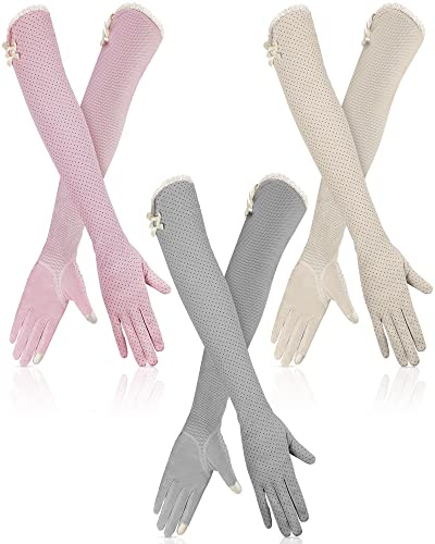 Jiuguva 3 Pairs Women UV Sun Protection Driving Gloves UV Long Sun Protective Touchscreen Gloves for Outdoor Sports Summer
