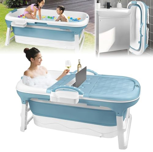 LZQ Faltbare Badewanne für Erwachsene - Mobile Mit Abnehmbar Abdeckung, Massagerollen, Lagerregal - PP+TPE Klappbare für Badezimmer SPA, 128x62x53cm, Blau