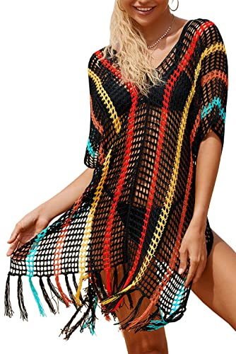 YOUKD Tunique en Tricot Creux pour Femme Tops Transparents au Crochet Couverture de Plage Poncho Robe de Couverture de Plage d'été