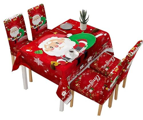 VALINK Weihnachtstisch- und Stuhlhussen-Set, Küche, Esszimmer, Tischdecke, Dekoration, Weihnachtsmann, 140 x 140 cm, Rot