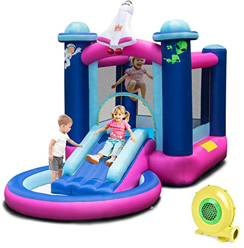 GOPLUS Aufblasbare Hüpfburg, Weltraum Spielburg Set mit Rutsche, Ozean Bällebad, Kinder Hüpfschloss für Indoor und Outdoor mit Erdspießen, Reparaturset und Tragetasche (Weltall, Mit Gebläse)