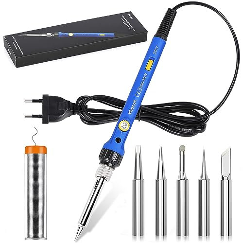 Saldatore a Stagno, Wiecok 60W Saldatore di Precisione Professionale con Temperatura Regolabile 200~480 ℃, Interruttore ON/OFF, 5 Punte per Saldatore, 15g Filo di Saldatura per Piccole Riparazioni