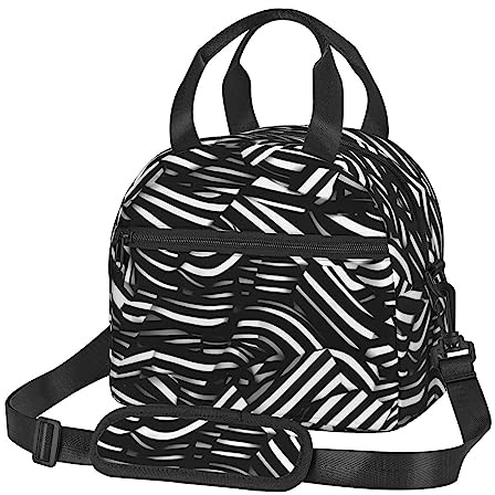 vacsAX Lonchera reutilizable de líneas blancas y negras, bolsa refrigerante congelable a prueba de fugas con hombro ajustable para picnic escolar