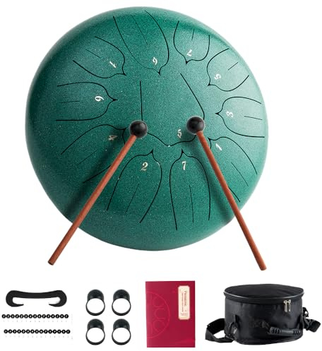 Steel Tongue Drum 11 Notes 10 Inch Hand Drums - D Major Metal Handpan Drums Hand Percussion Musical Instrument with Bag Drum Mallets Music Book for Adults Beginner (Green)