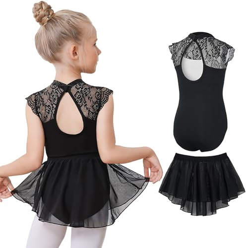 Gogokids Ballet Leotards for Girls Dance Leotards Toddler Hollow Back Lace Dance Dress with Removable Skirt Combo, C-black (Pull On Skirt)(150/10-11 Years)