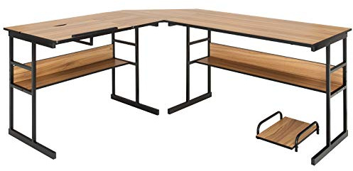 GYMAX Eckschreibtisch, L-förmiger Computertisch mit Monitorständer & neigbare Platte, industriestiler Bürotisch, Gaming-Tisch für Wohnzimmer & Büro, 170 x 150 x 75 cm (Walnuss)