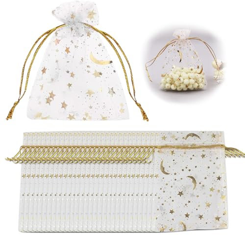 Taasmoog 50 Stück Organza Geschenk Schmuckbeutel, 15 × 20 cm Weiß Organza Beutel mit Kordelzug Organzabeutel Säckchen für Hochzeit Süßigkeiten Party（Sterne und Mond）