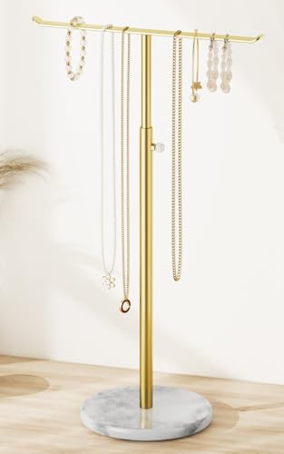 Gold Necklace Holder,Adjustable T-Bar Jewelry Stand with White Marble Base