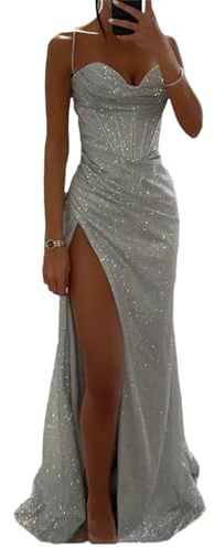 Agiyenna Damen Elegant Pailletten Abendkleid Ärmellos Off Shoulder Maxikleid Sexy Bodycon V Ausschnitt Spaghettiträgern Partykleid mit Hohem Schlitz Mode Glitzer Kleid