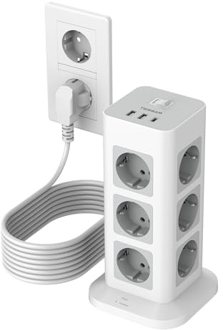 TESSAN 15 en 1 Tour Multiprise 12 Sortie AC avec 3 USB, Parafoudre et Surtension avec Interrupteur, 3600W Prise Multiple avec 10 Mètre Cable, Secteur USB C pour Maison, Bureau, Gris