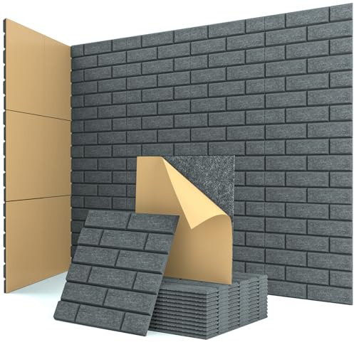 Kuchoow Acoustic Panels Self-adhesive, 12 Pcs Brick Sound Absorbing Panels, Recording Studio, Bedroom, Gaming Room, Decorative Acoustic Tiles for Walls, Doors 11.8 X 11.8 X 0.4 Dark Grey