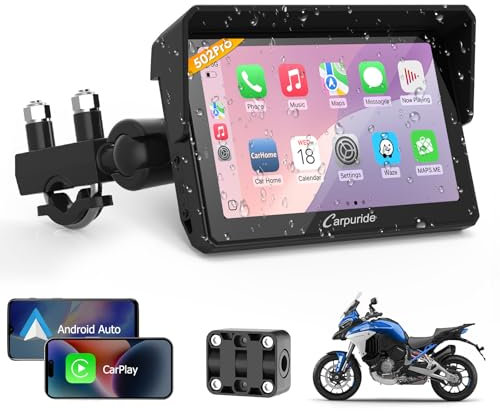 Carpuride W502PRO für Motorrad CarPlay & Android Auto & Dual Bluetooth - 5 Zoll wasserdichter GPS-Navigation für Motorrad, Musik-Sharing, Gegensprechanlage, EQ, Lichtsensor, Kompass, Barometer