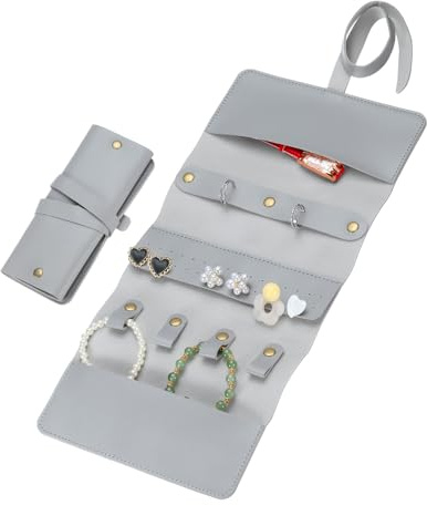 QUARKZMAN Sac de Rangement pour Bijoux de Voyage pour Bagues Gris Clair | Étui Organisateur de Bijoux Pliable, Pochette de Bijoux Portable, Colliers, pour Boucles d'Oreilles Bracelets