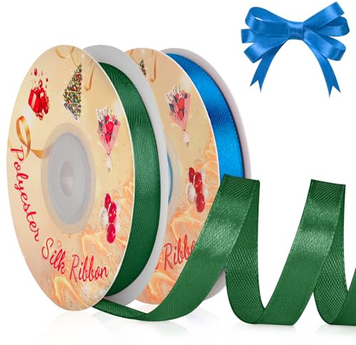 VynyQoo 2 Rotoli da 10mm Largo Nastro Di Raso, Blu e Verde, 22M Lato Singolo Nastro Regalo, Nastri Per Decorazioni, Per Matrimonio, Compleanno, Decorazione Della Torta
