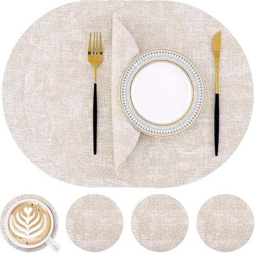 Homaxy Tischsets Abwaschbar, Rund Doppelseitig Abwischbar Wasserdicht rutschfest Platzset, Kunstleder Hitzebeständige Platzdeckchen mit Untersetzer (4er Set, Beige)