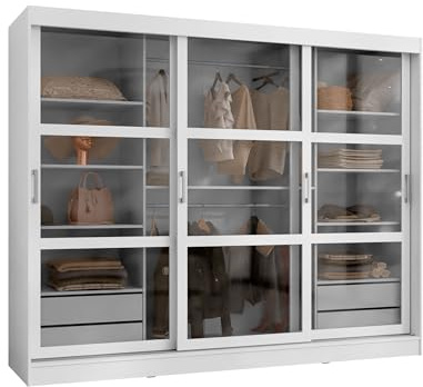 Mirjan24 Kleiderschrank Norlio mit Glastüren und Schubladen, Schwebetürenschrank mit Rauchglas, Schiebetürenschrank mit einlegeböden und Stange, Garderobe (Weiß, ohne Beleuchtung)