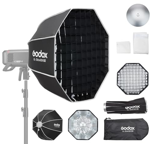 Godox Octagon Softbox mit Schnellwechsel-Bowens-Halterung, Wabenraster, Lichtstreuern und Tragetasche für COB-Leuchten mit Bowens-Halterung(Octa 60cm)