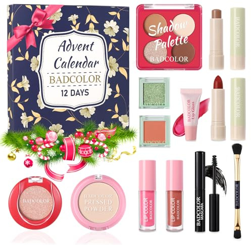 Adventskalender Makeup 2025 Beauty, 12 Tage Make Up Adventskalender, Weihnachts Countdown Kalender voller Make Up Kits Geschenksets für Frauen Damen