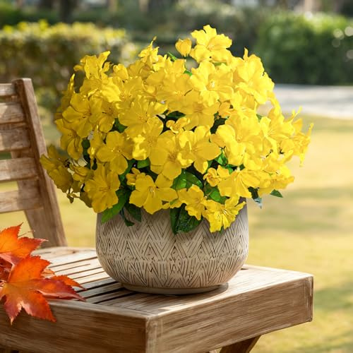 Yarmare Artificial Azalea Flowers for Outdoors 4 Bundles Fake Silk Azalea Bouquet Faux Flower Plants Realistic Fake Flowers for Planter Front Door Patio Garden Box Balcony Walkway Home Decor (Yellow)