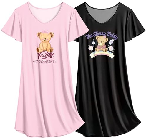 Ekouaer Tvådelad blommig nattlinne för dam kortärmad nattkläder sommar nattklänning 2 S-XXL, Teddy Bear Svart + Rosa, L
