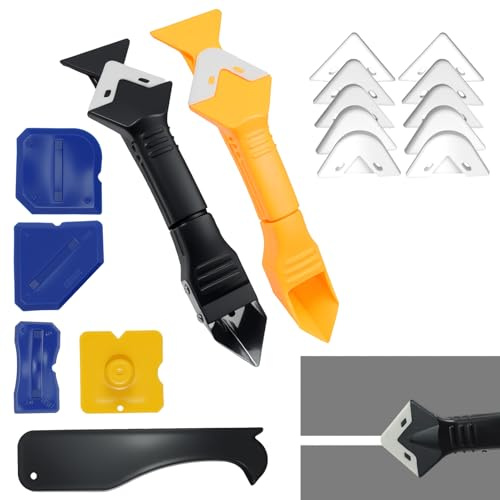 7 Stück Silikonentferner Set, 1 Metall- und 1 Kunststoff-Fugenschaber mit 5 Dichtungswerkzeugen, Edelstahl- und Kunststoff-Fugenkratzer mit austauschbaren Silikonpads für Küche, Bad, Fenster und Boden
