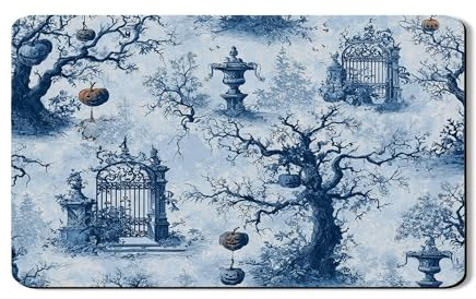 Gothic Dish Drying Mats For Kitchen Counter, Blue Vintage Absorbent Rubber Dish Drainer Rack Mat, Halloween PU Leather Drying Pad For Coffee Bar 12x20 Inch